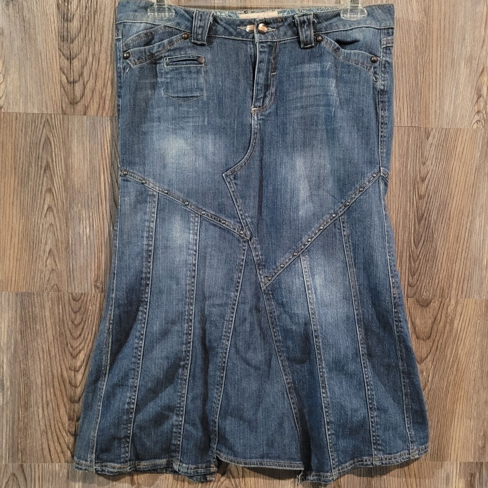 Vintage Candie's Denim Midi Skirt Size 13 Asymmetric Studded Y2K Western Trumpet